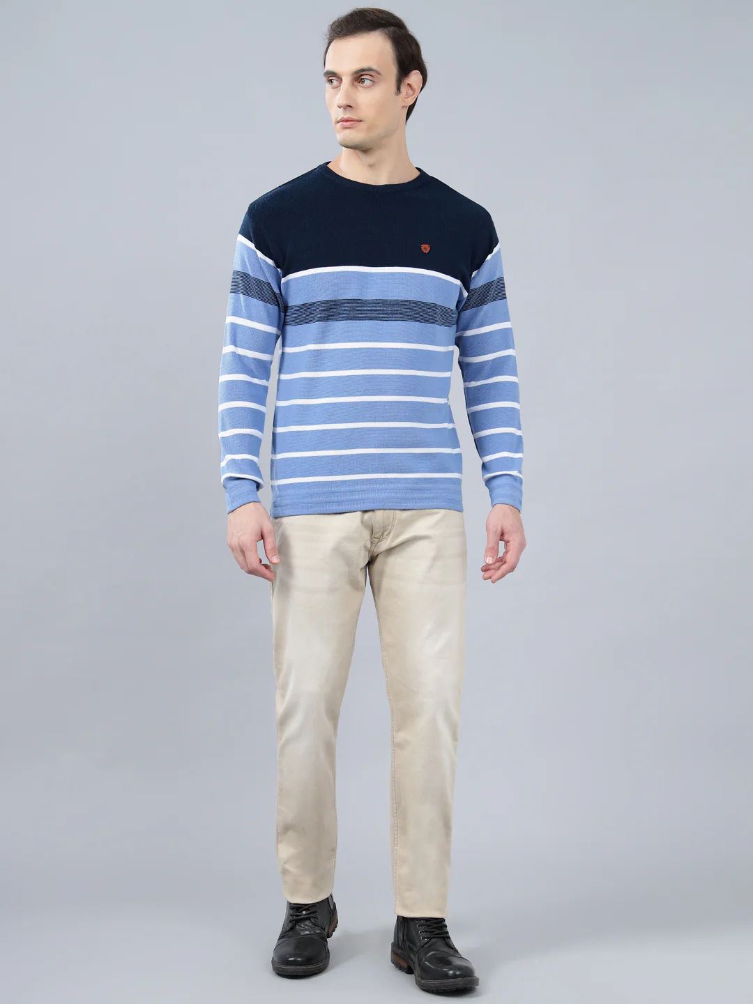 Men's Sky Blue Striped Full Sleeve Sweater - Image 3