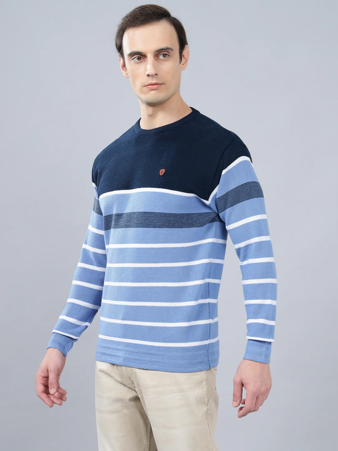 Men's Sky Blue Striped Full Sleeve Sweater - Image 4