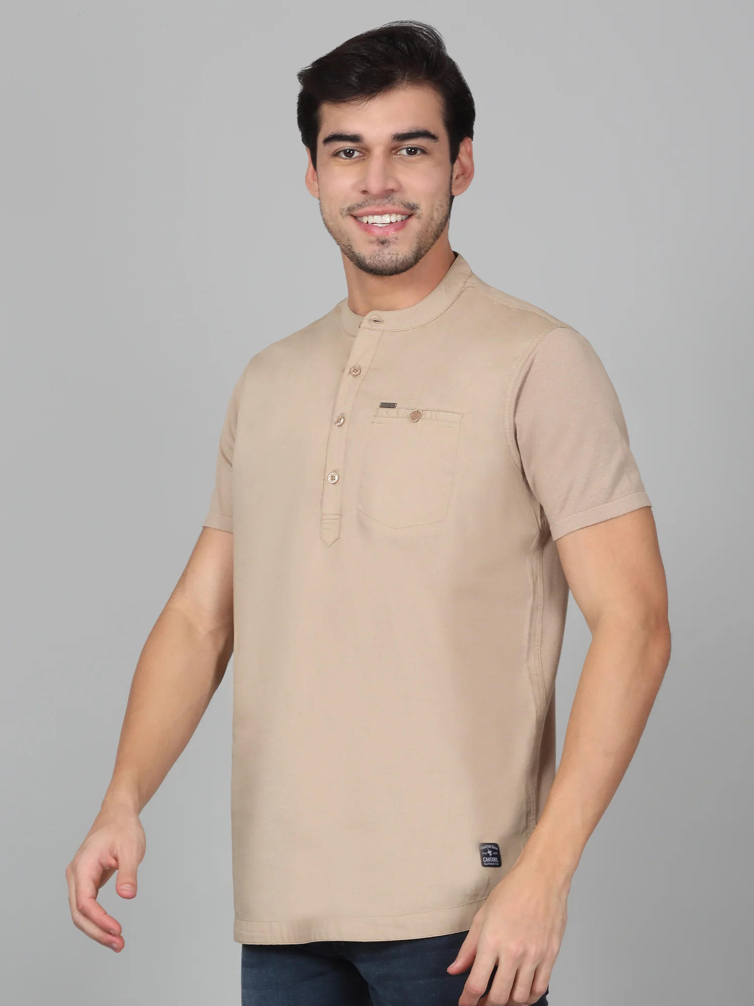 Men's Solid Beige Mandarin Collar Regular Fit Half Sleeves Kurta - Image 2