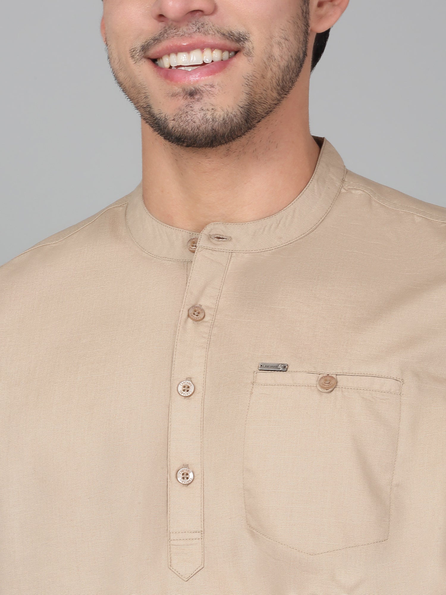 Men's Solid Beige Mandarin Collar Regular Fit Half Sleeves Kurta - Image 4
