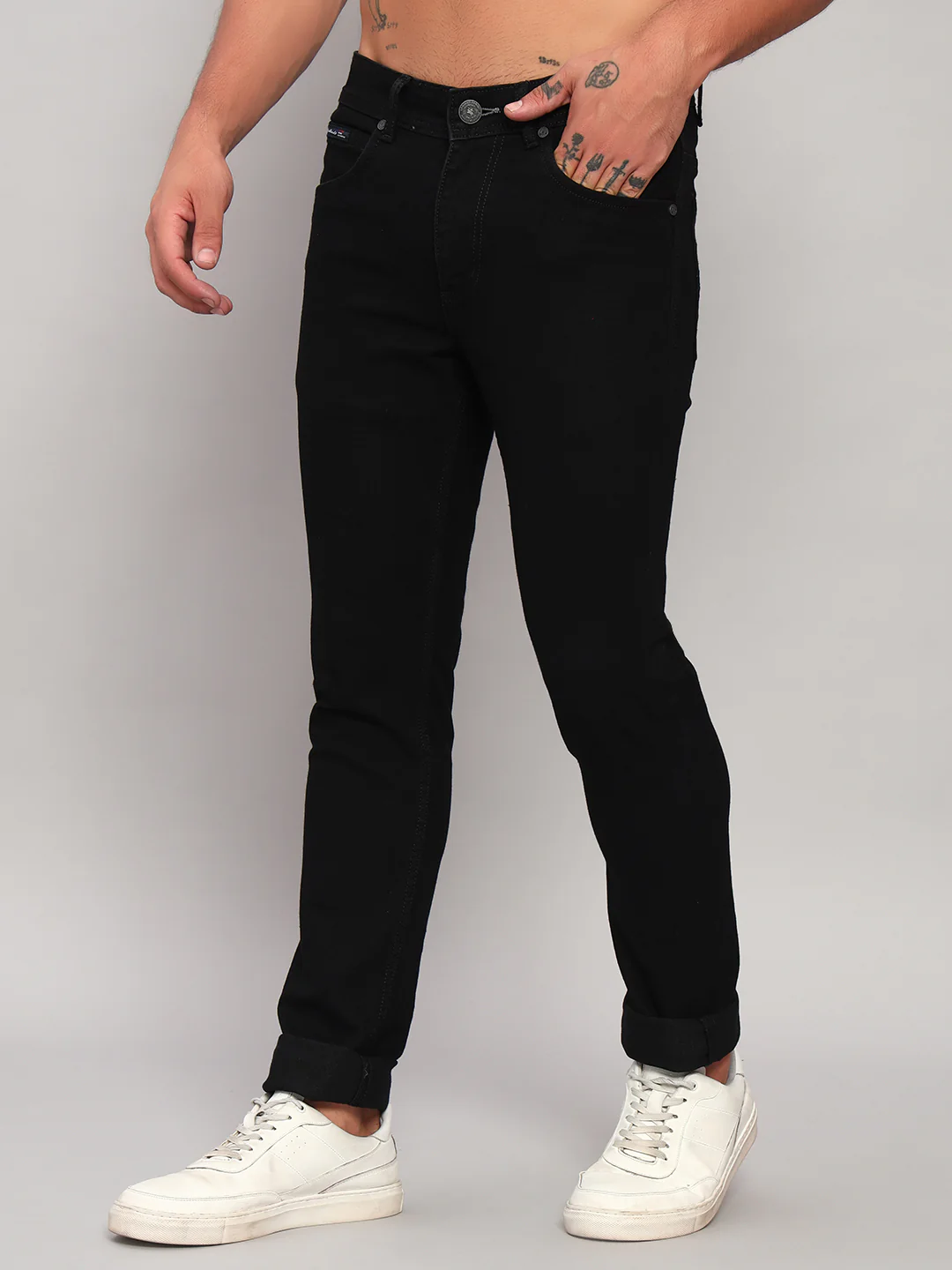 Denim Jeans for Men l Breathable & Soft with Color Fastness Ultra Narrow Fit Cotton Fabric Solid Pattern Button Closure - Image 4