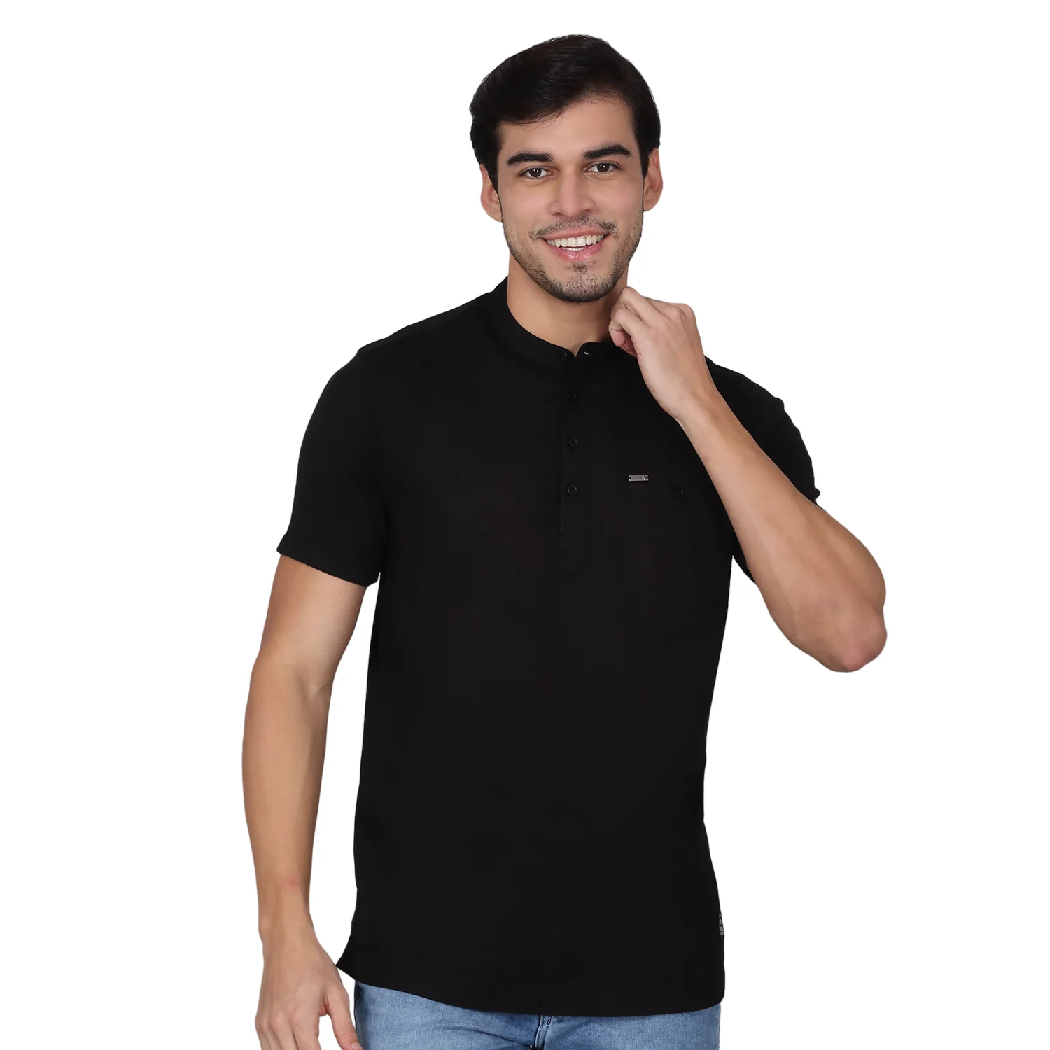 Men's Solid Black Mandarin Collar Regular Fit Half Sleeves Kurta - Image 2