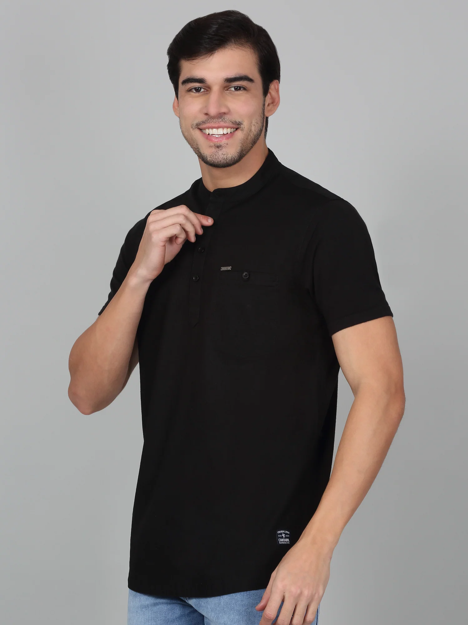 Men's Solid Black Mandarin Collar Regular Fit Half Sleeves Kurta - Image 4