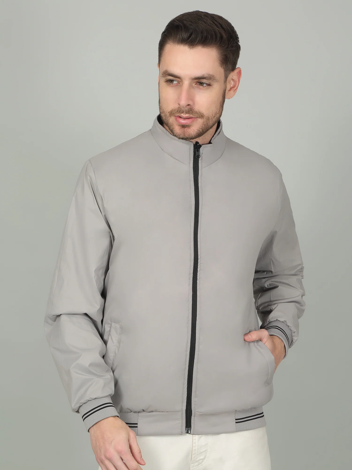 Men's Solid Black Mock Neck Reversible Jacket - Image 2