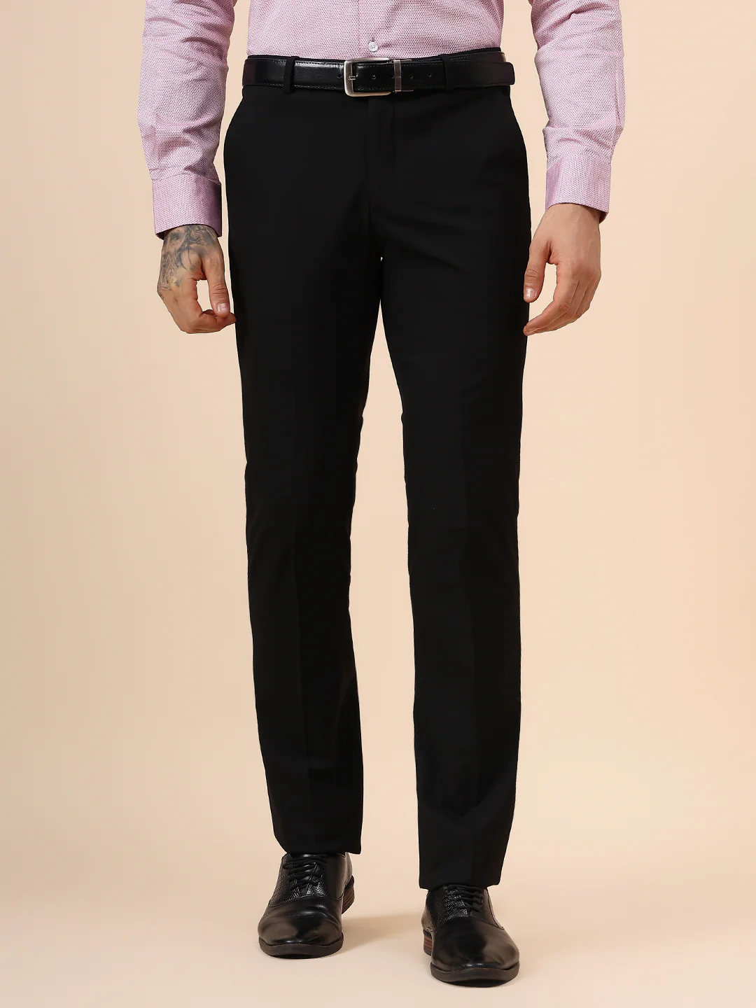 Men's Solid Black Non Plated Regular Fit Formal Trouser - Image 2