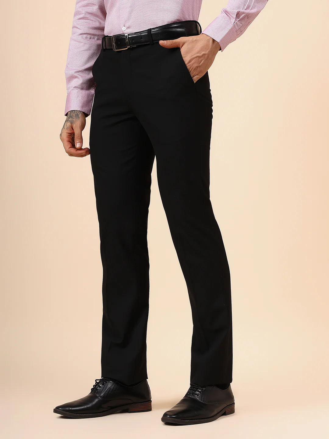 Men's Solid Black Non Plated Regular Fit Formal Trouser - Image 3