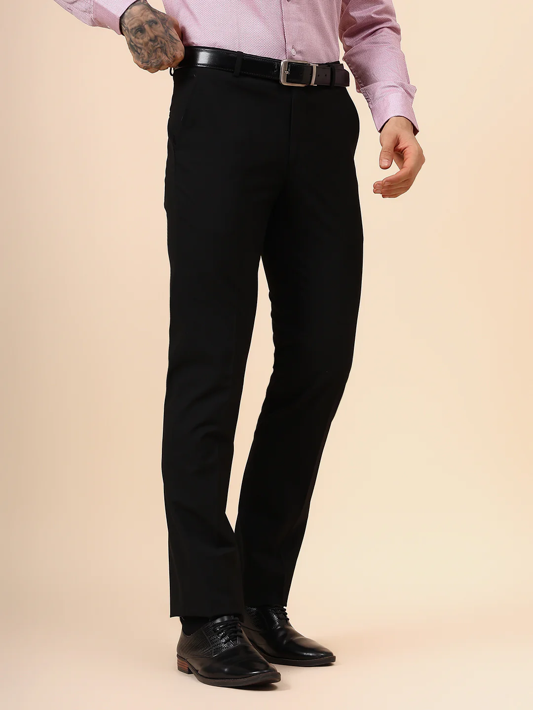 Men's Solid Black Non Plated Regular Fit Formal Trouser - Image 4