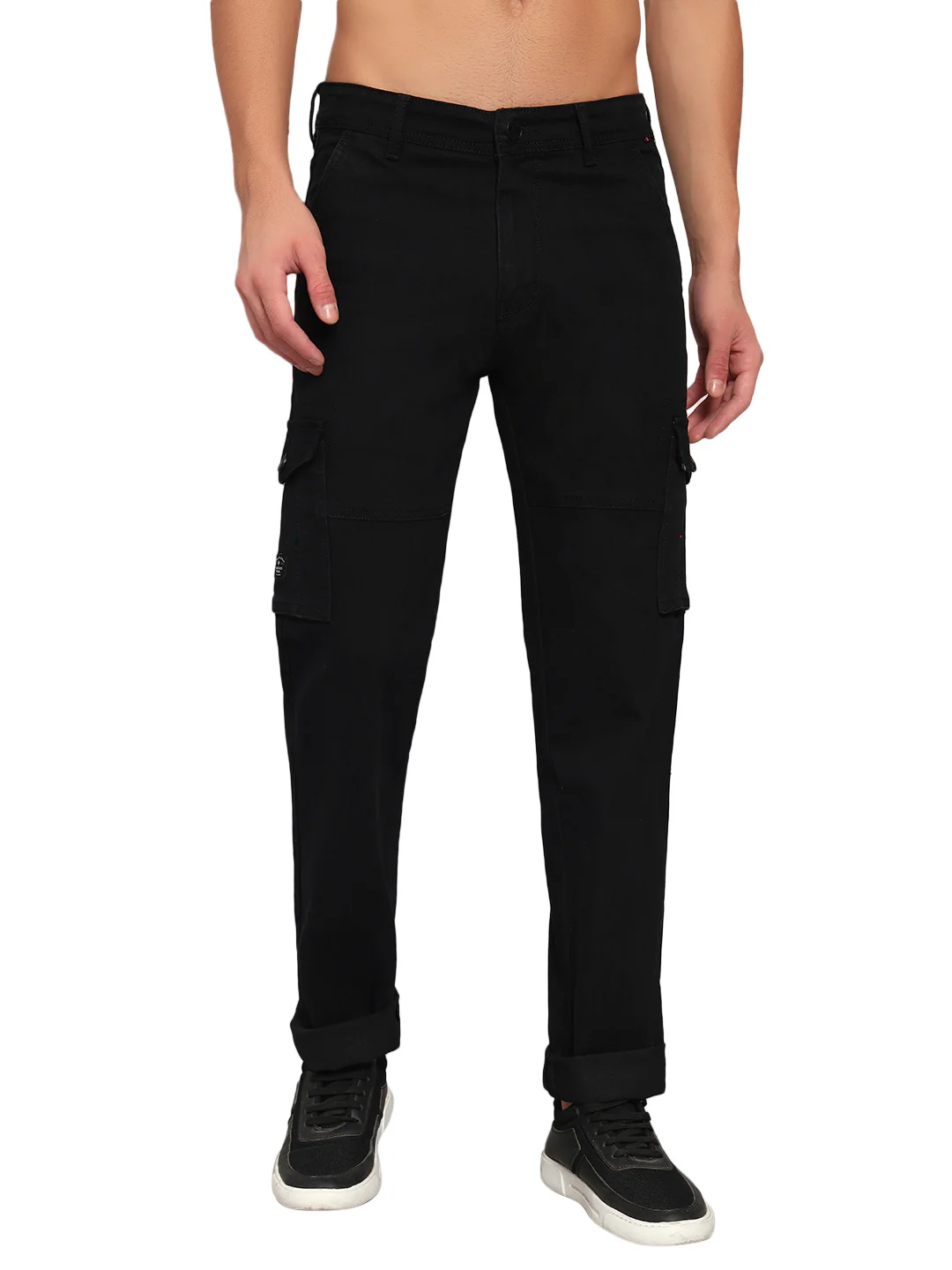 Men's Solid Black Regular Fit Casual Cargo - Image 3