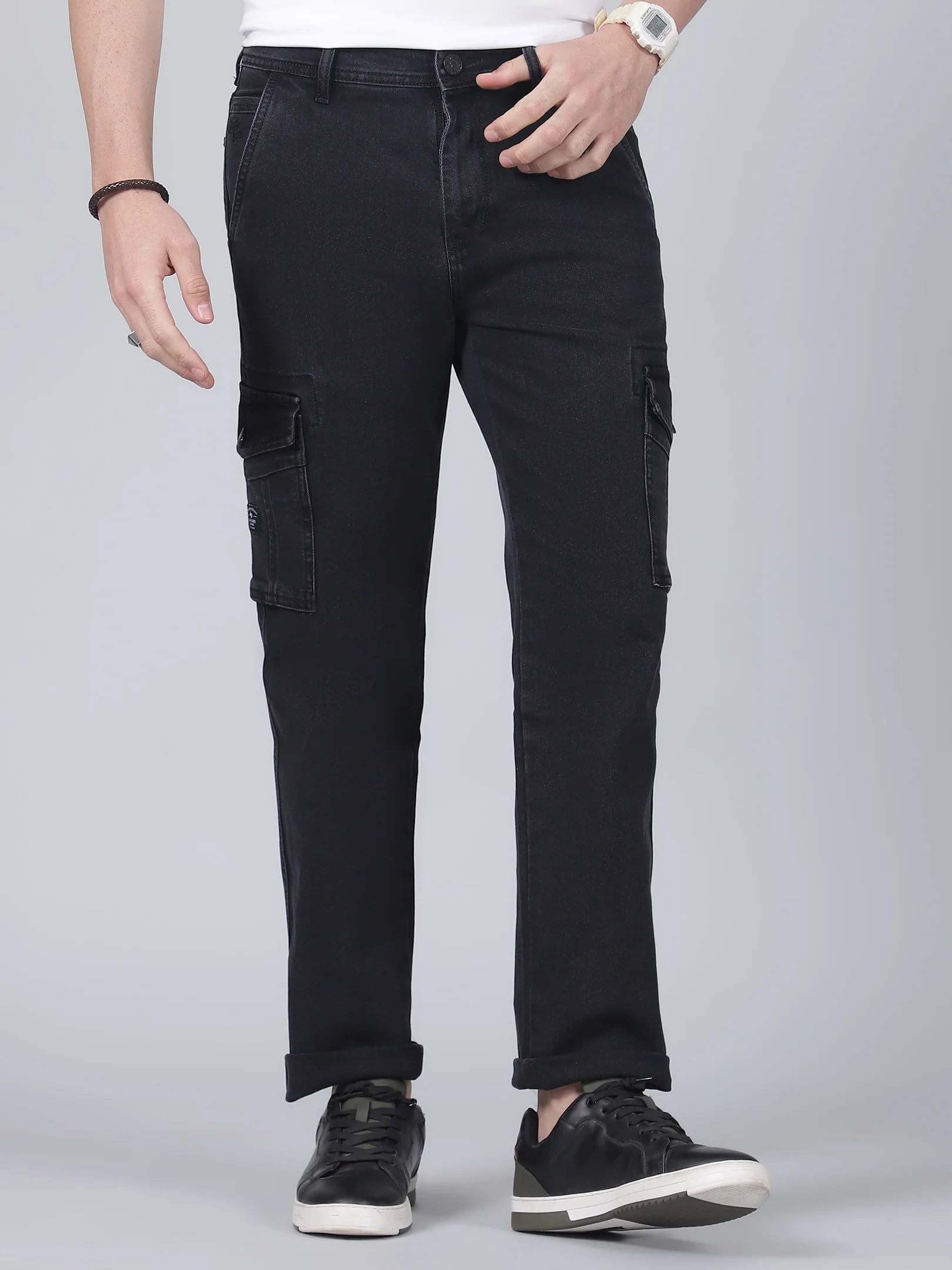 Men's Solid Black Regular Fit Casual Cargo - Image 2