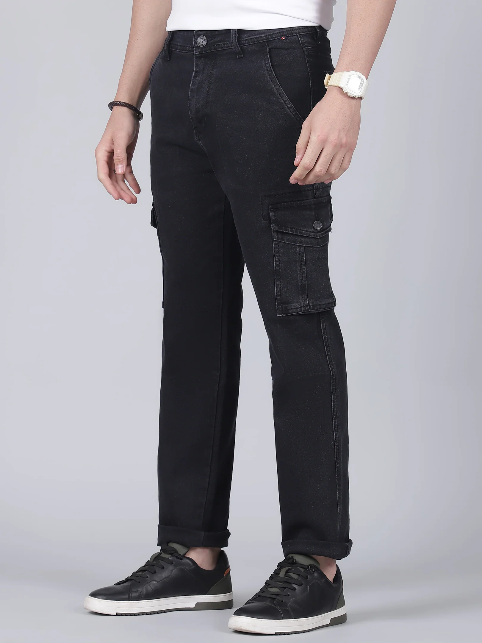 Men's Solid Black Regular Fit Casual Cargo - Image 3