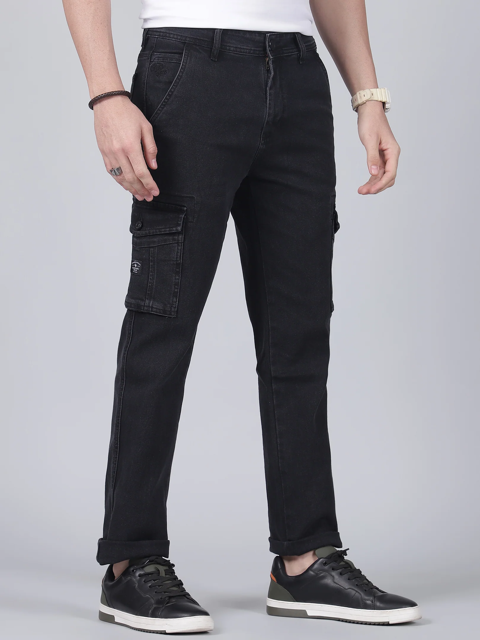 Men's Solid Black Regular Fit Casual Cargo - Image 4