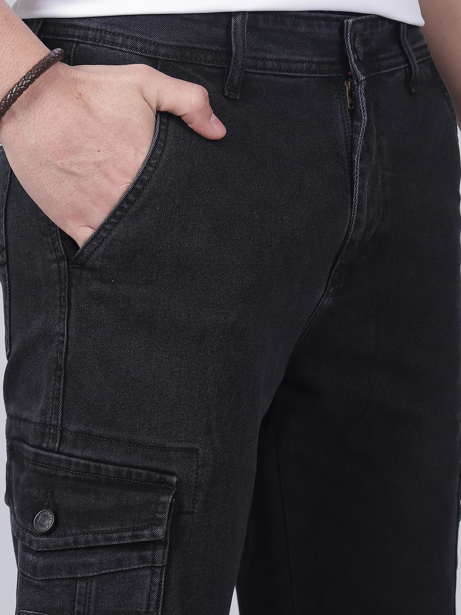 Men's Solid Black Regular Fit Casual Cargo - Image 6