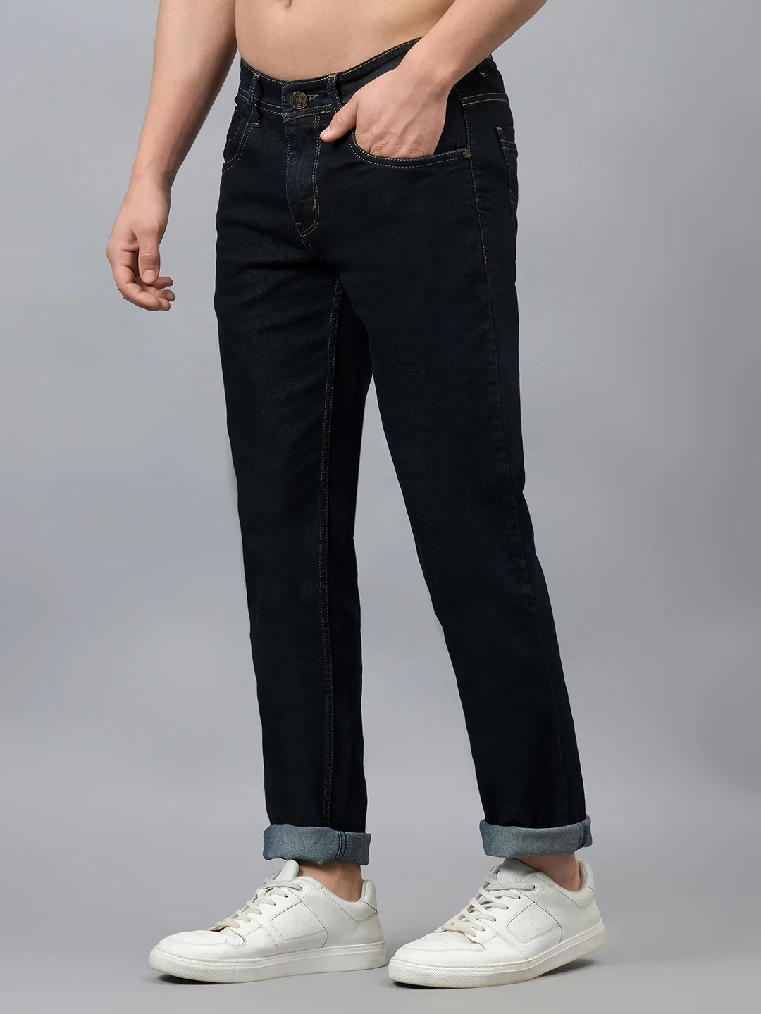 Denim Jeans for Men l Breathable & Soft with Color Fastness Ultra Narrow Fit Cotton Fabric Solid Pattern Button Closure - Image 3