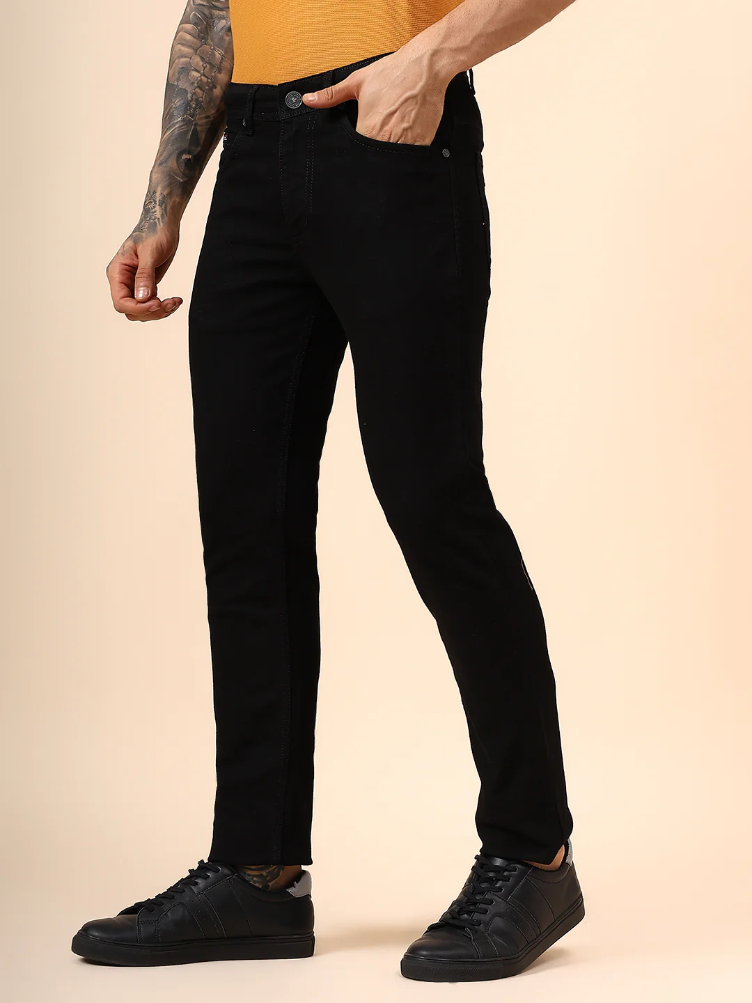 Denim Jeans for Men l Breathable & Soft with Color Fastness Ultra Narrow Fit Cotton Fabric Solid Pattern Button Closure - Image 4