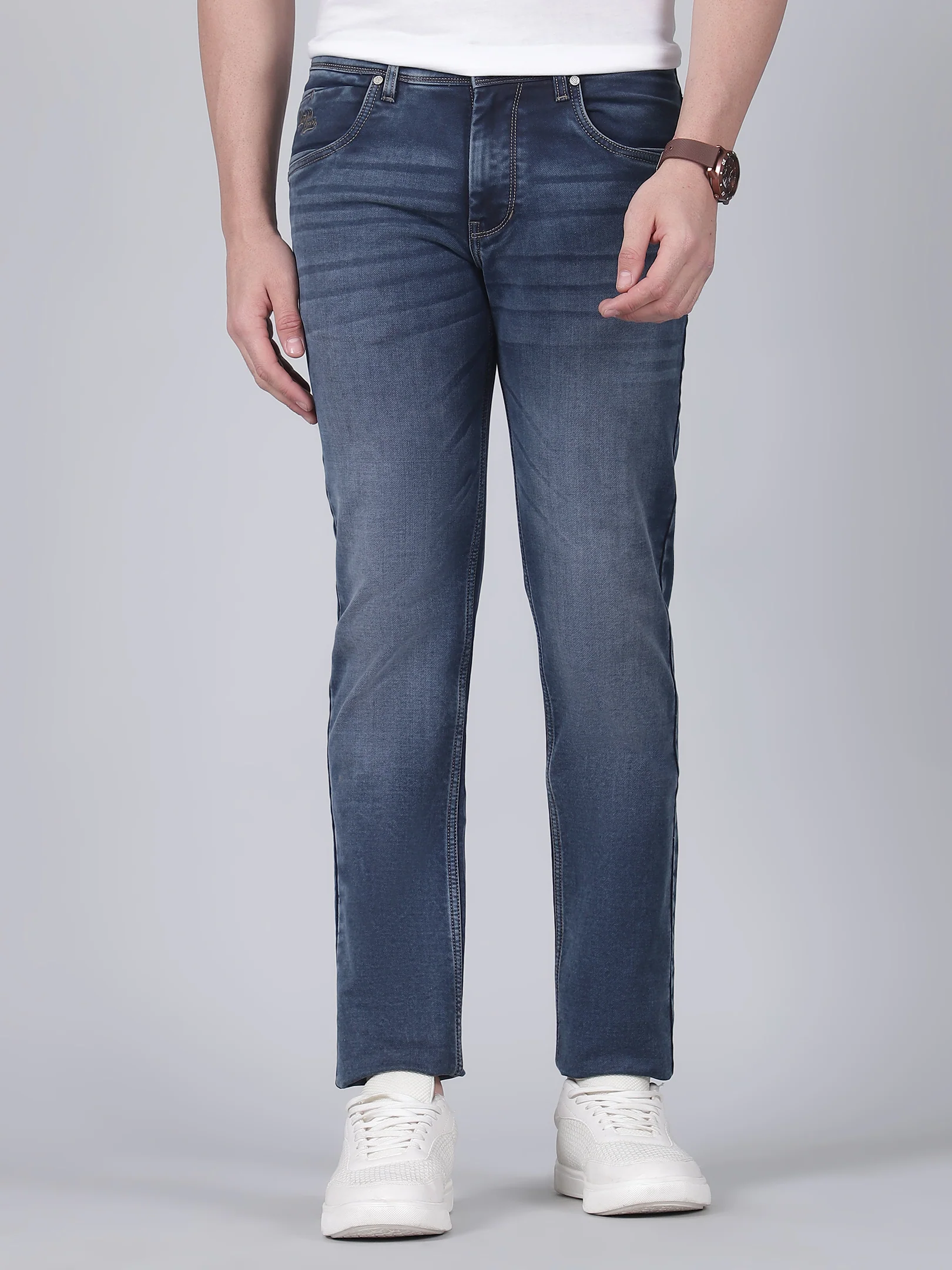 Denim Jeans for Men l Breathable & Soft with Color Fastness Ultra Narrow Fit Cotton Fabric Solid Pattern Button Closure - Image 2