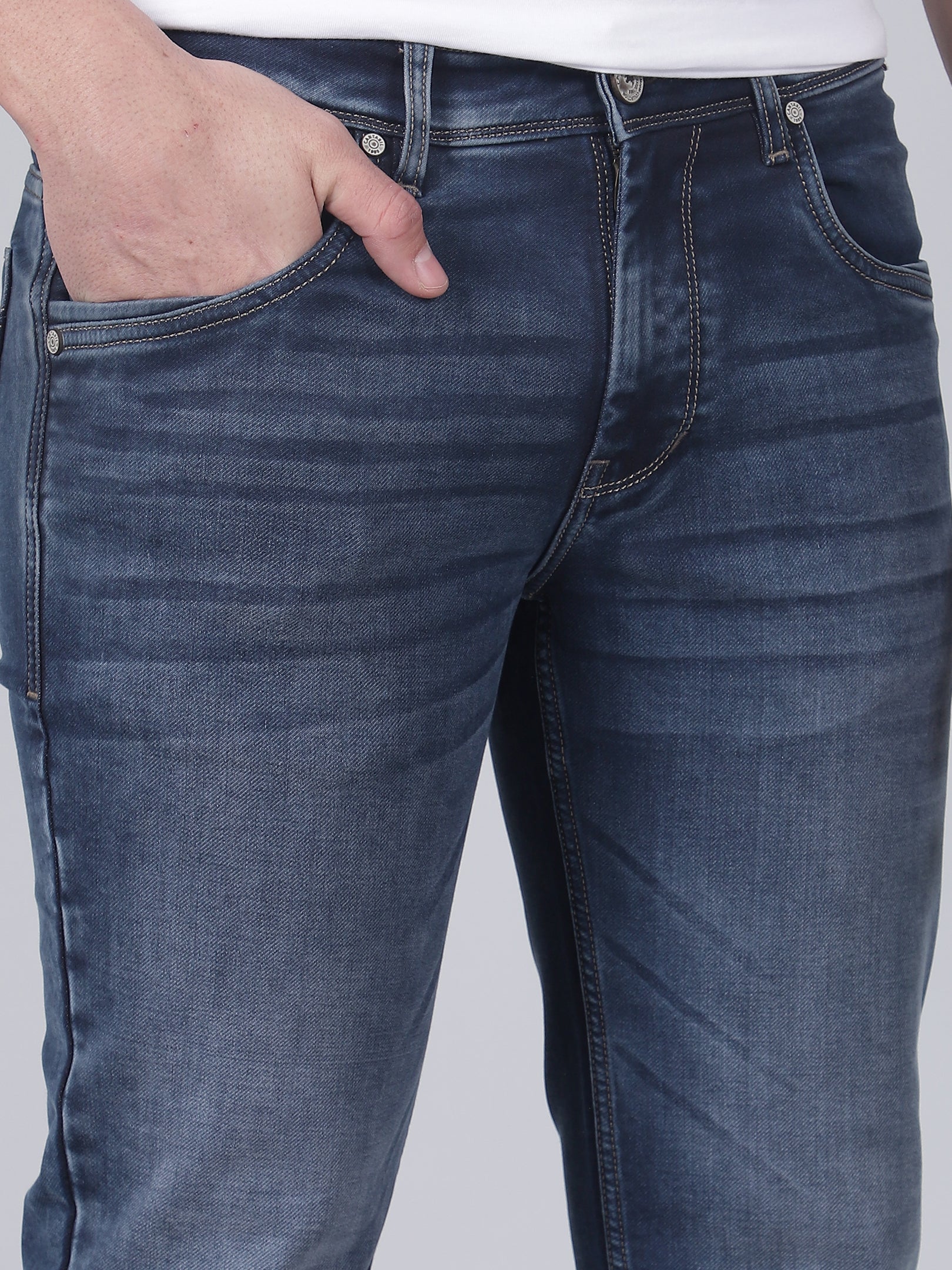 Denim Jeans for Men l Breathable & Soft with Color Fastness Ultra Narrow Fit Cotton Fabric Solid Pattern Button Closure - Image 6
