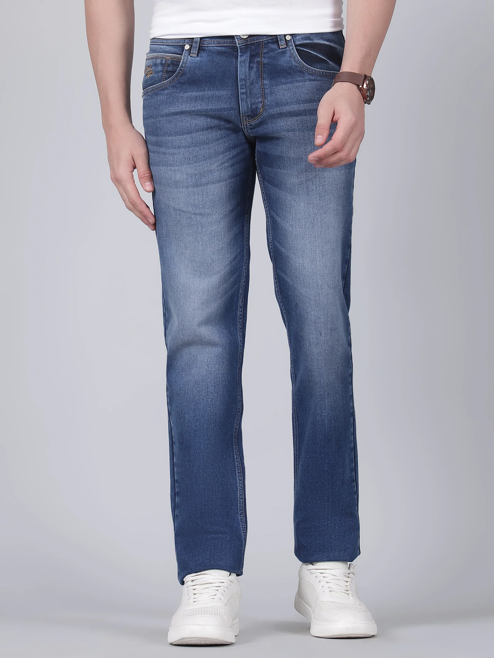 Denim Jeans for Men l Breathable & Soft with Color Fastness Ultra Narrow Fit Cotton Fabric Solid Pattern Button Closure - Image 2