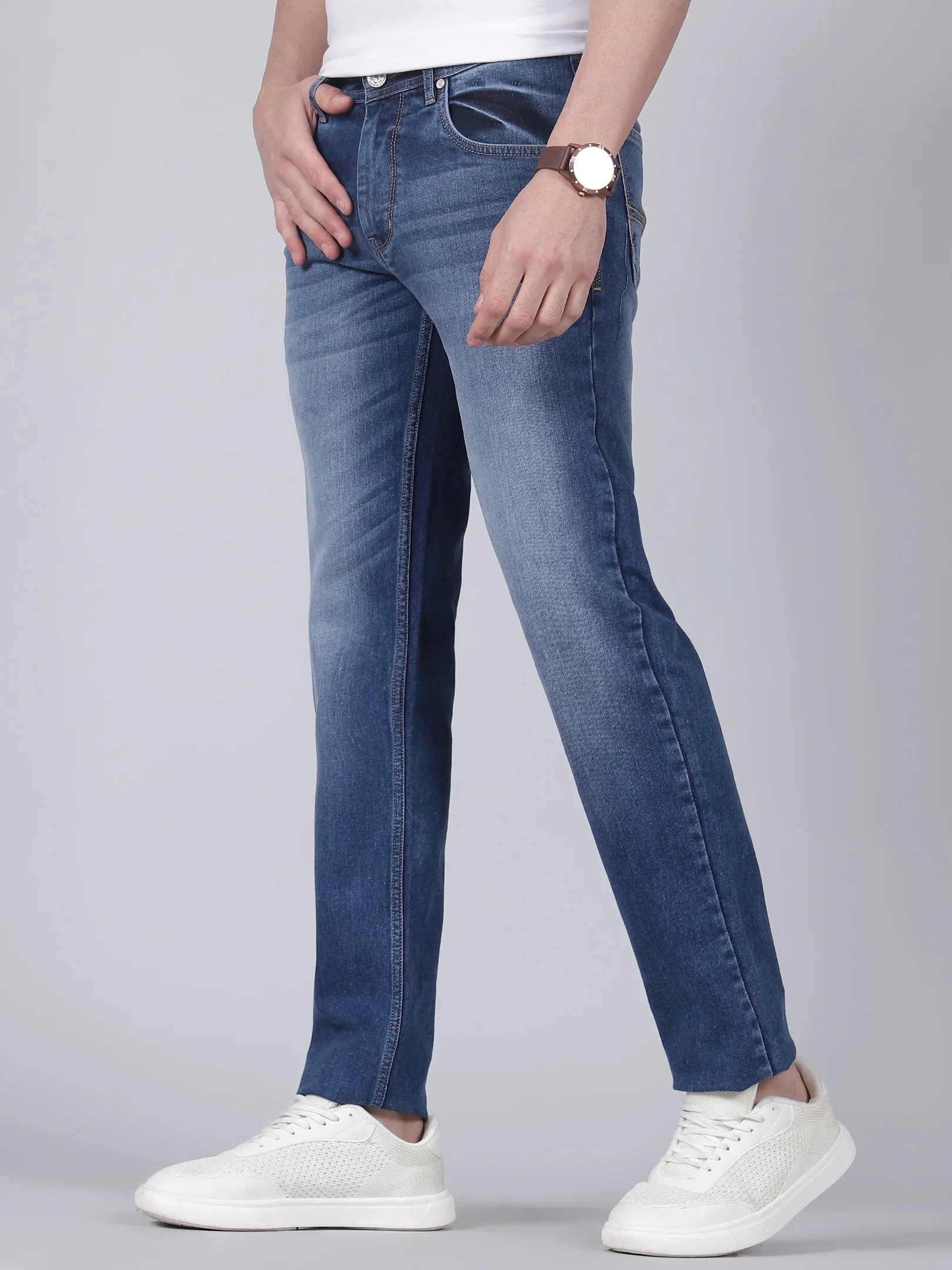 Denim Jeans for Men l Breathable & Soft with Color Fastness Ultra Narrow Fit Cotton Fabric Solid Pattern Button Closure - Image 3