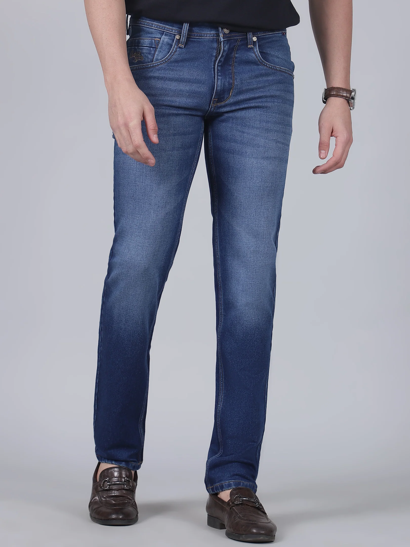 Denim Jeans for Men l Breathable & Soft with Color Fastness Ultra Narrow Fit Cotton Fabric Solid Pattern Button Closure - Image 2
