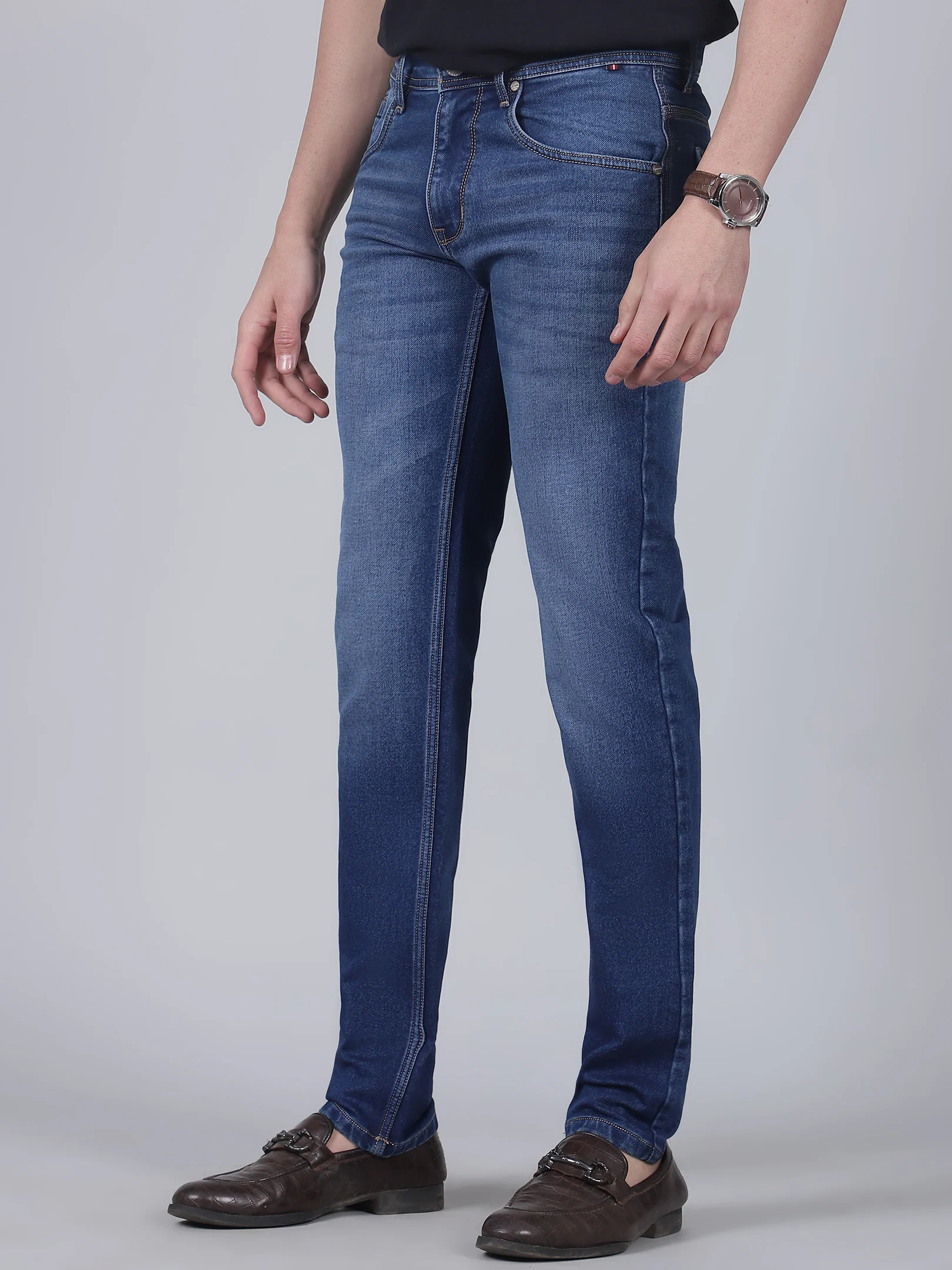 Denim Jeans for Men l Breathable & Soft with Color Fastness Ultra Narrow Fit Cotton Fabric Solid Pattern Button Closure - Image 3
