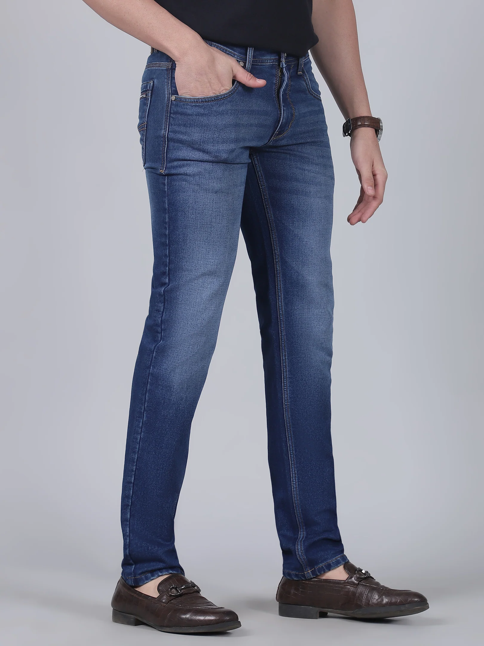 Denim Jeans for Men l Breathable & Soft with Color Fastness Ultra Narrow Fit Cotton Fabric Solid Pattern Button Closure - Image 4