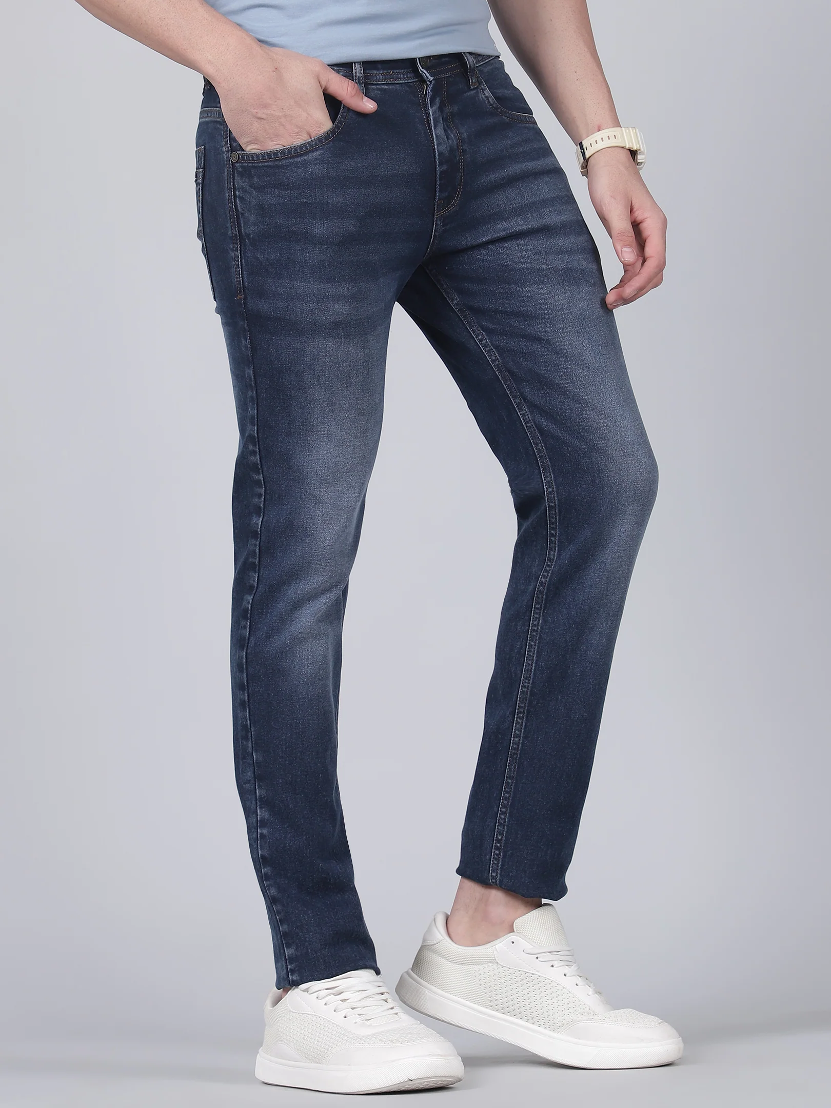 Denim Jeans for Men l Breathable & Soft with Color Fastness Ultra Narrow Fit Cotton Fabric Solid Pattern Button Closure - Image 4