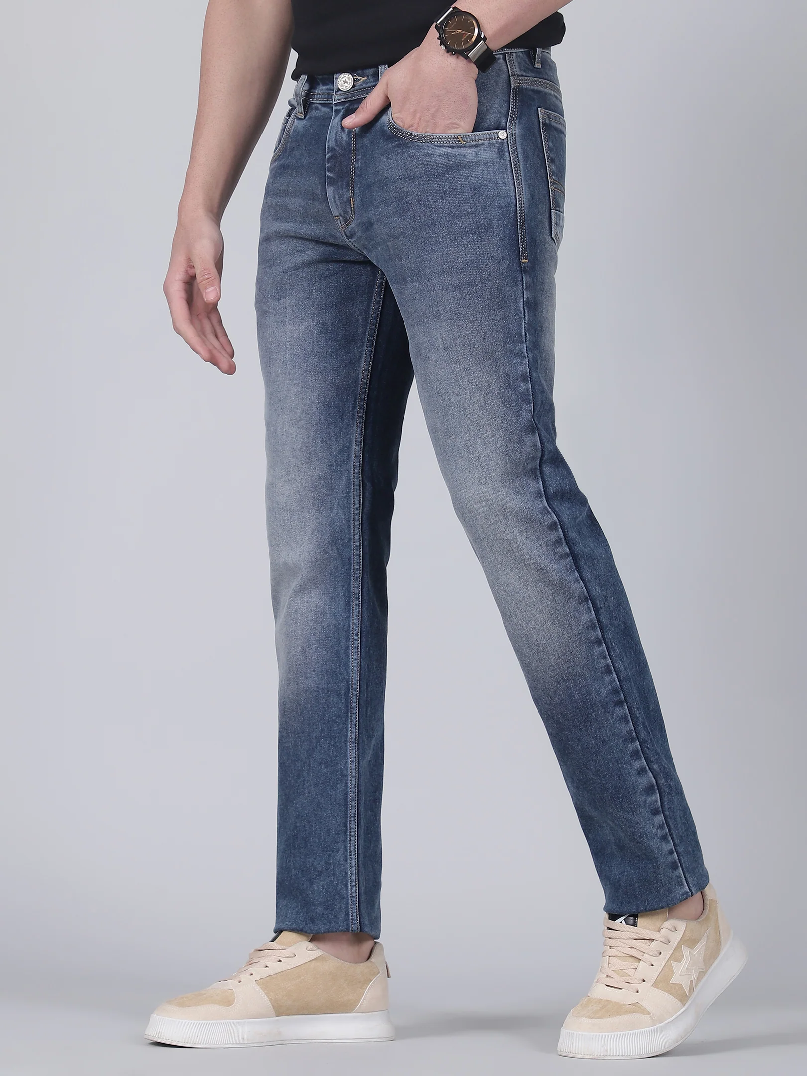 Denim Jeans for Men l Breathable & Soft with Color Fastness Straight Fit Cotton Fabric Solid Pattern Button Closure - Image 3