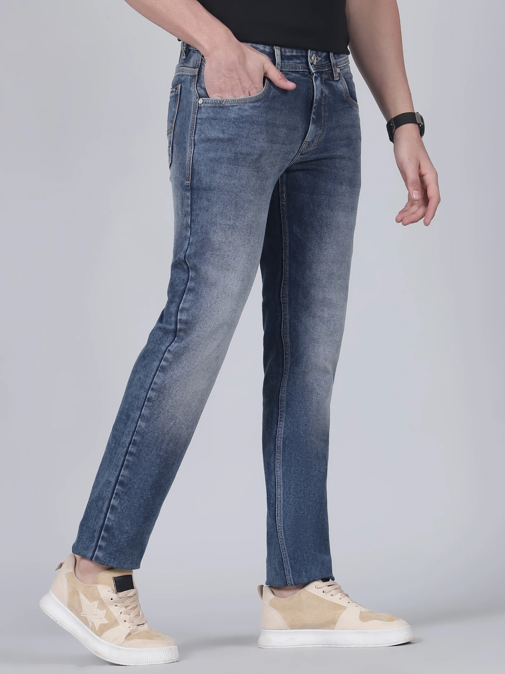 Denim Jeans for Men l Breathable & Soft with Color Fastness Straight Fit Cotton Fabric Solid Pattern Button Closure - Image 4