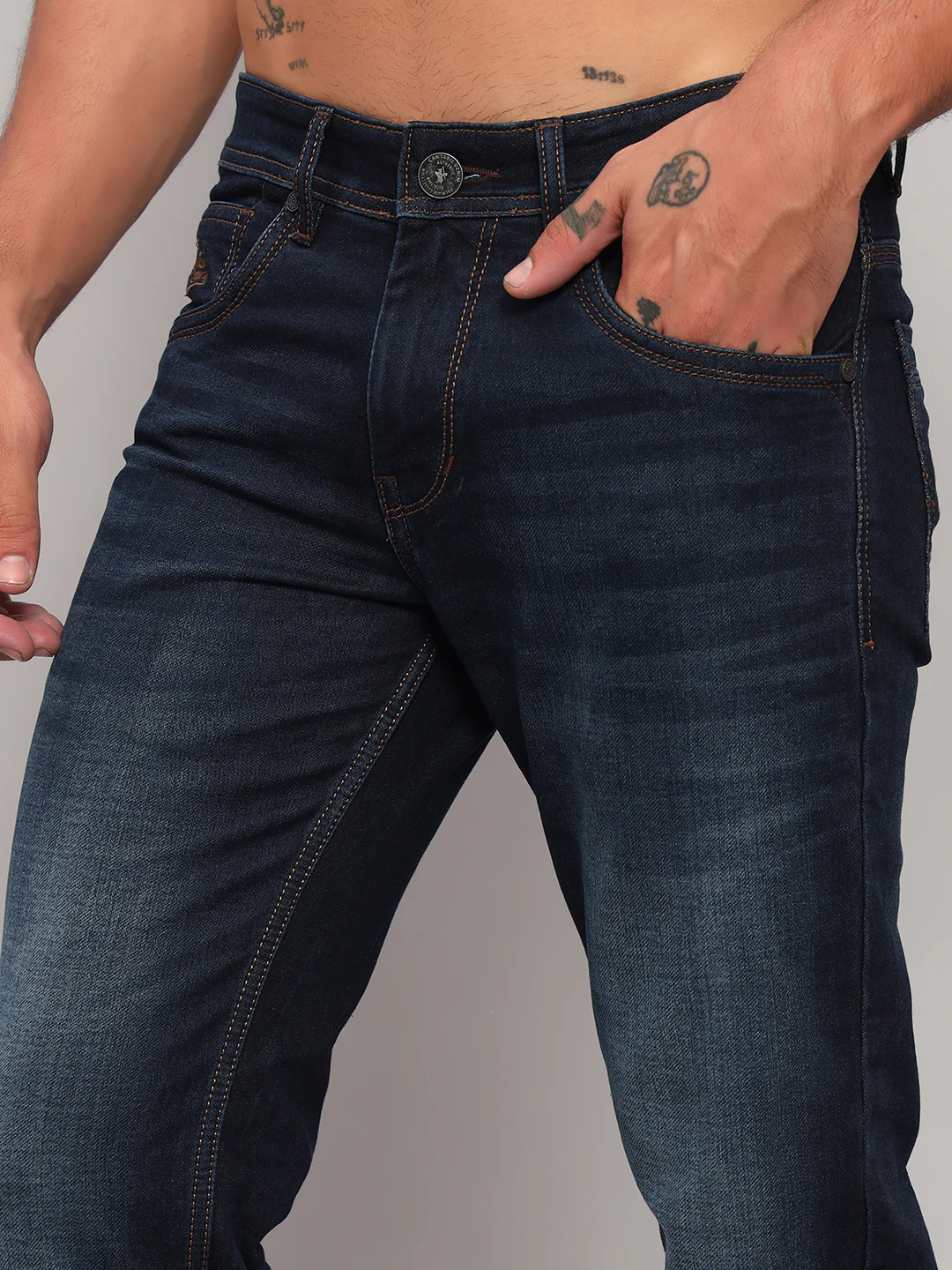 Denim Jeans for Men l Breathable & Soft with Color Fastness Ultra Narrow Fit Cotton Fabric Solid Pattern Button Closure - Image 2