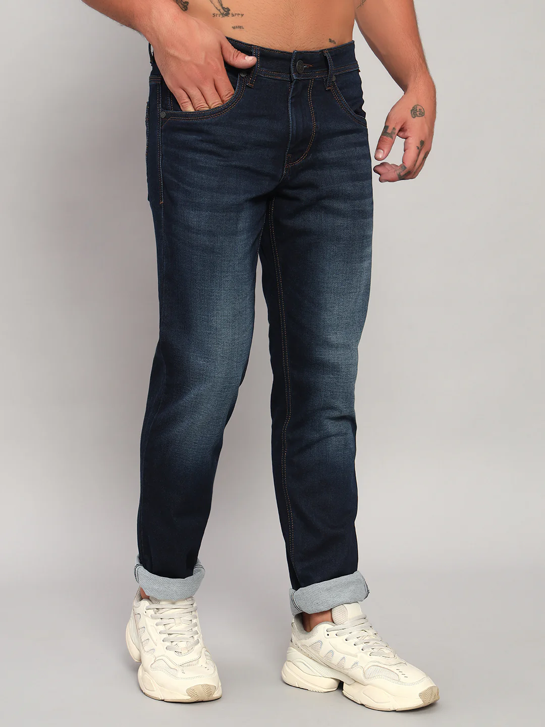 Denim Jeans for Men l Breathable & Soft with Color Fastness Ultra Narrow Fit Cotton Fabric Solid Pattern Button Closure - Image 5