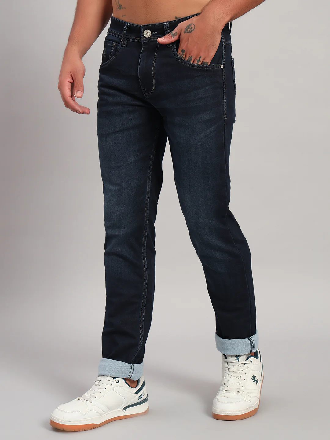 Denim Jeans for Men l Breathable & Soft with Color Fastness Ultra Narrow Fit Cotton Fabric Solid Pattern Button Closure - Image 3