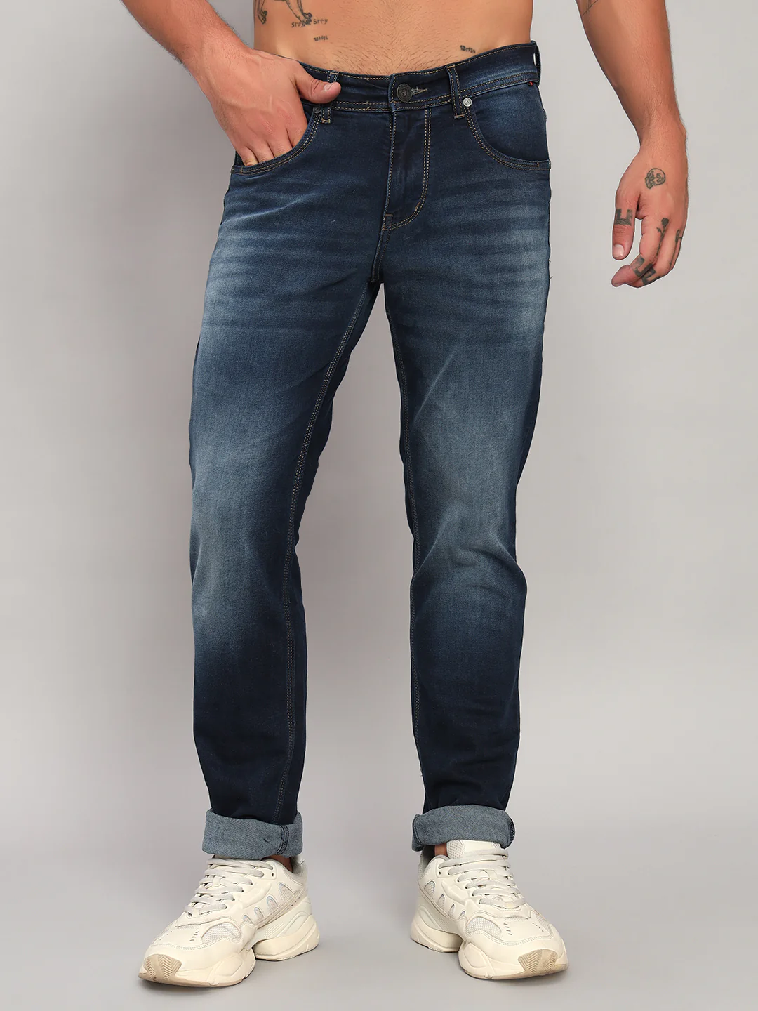 Denim Jeans for Men l Breathable & Soft with Color Fastness Ultra Narrow Fit Cotton Fabric Solid Pattern Button Closure - Image 3