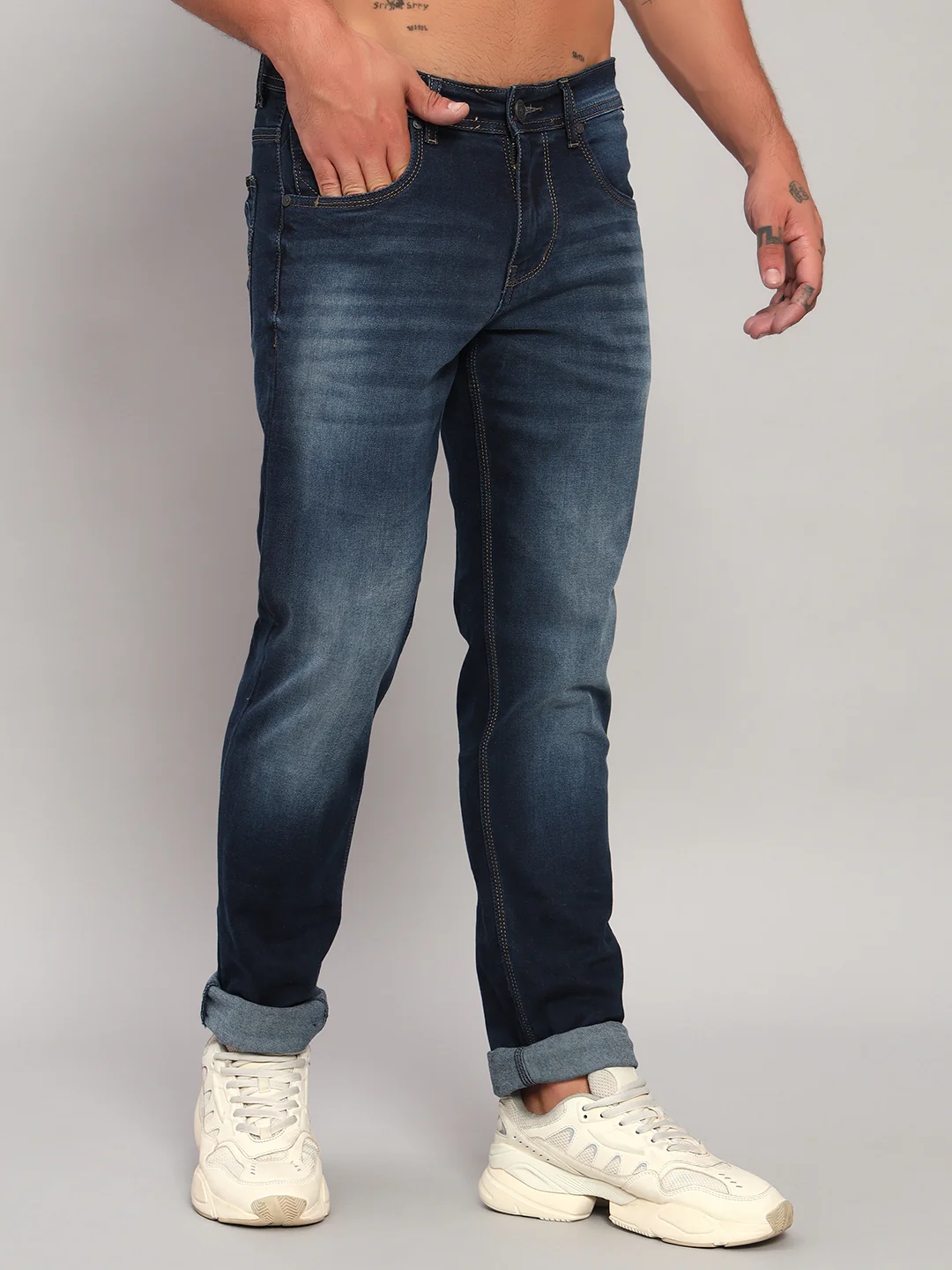 Denim Jeans for Men l Breathable & Soft with Color Fastness Ultra Narrow Fit Cotton Fabric Solid Pattern Button Closure - Image 5