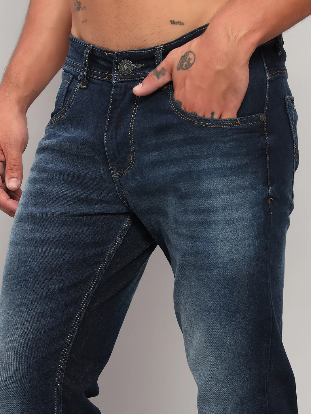 Denim Jeans for Men l Breathable & Soft with Color Fastness Ultra Narrow Fit Cotton Fabric Solid Pattern Button Closure - Image 6