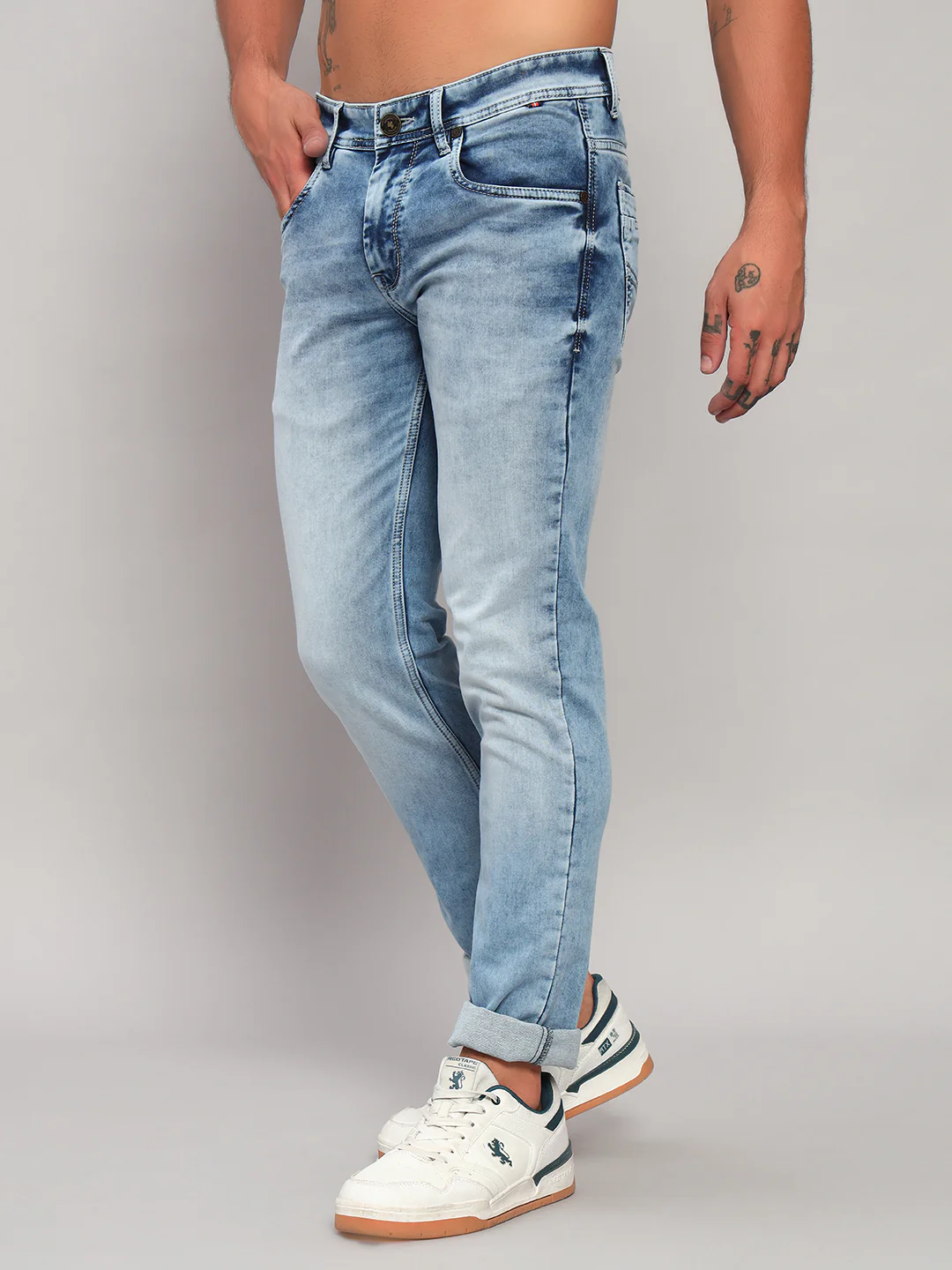 Denim Jeans for Men l Breathable & Soft with Color Fastness Ultra Narrow Fit Cotton Fabric Solid Pattern Button Closure - Image 4