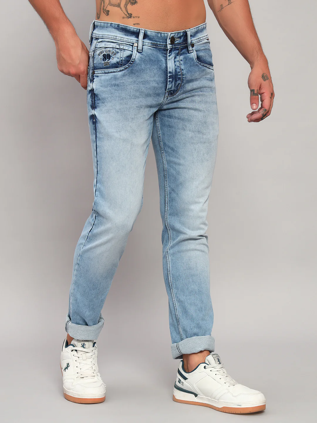 Denim Jeans for Men l Breathable & Soft with Color Fastness Ultra Narrow Fit Cotton Fabric Solid Pattern Button Closure - Image 5