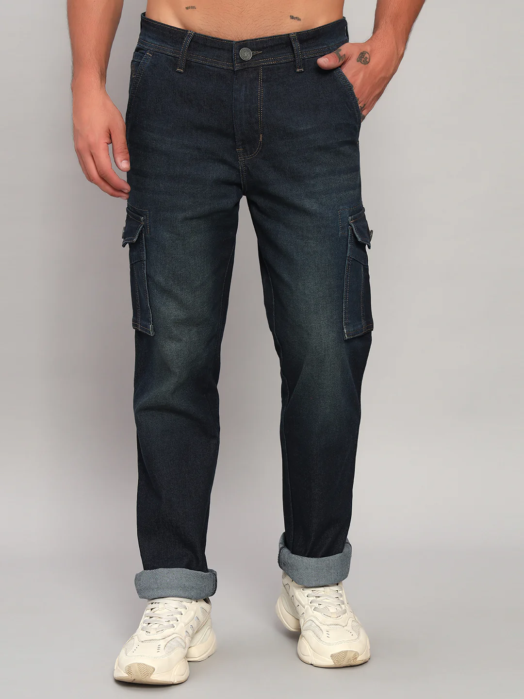Men's Solid Blue Regular Fit Casual Denim Cargo - Image 2