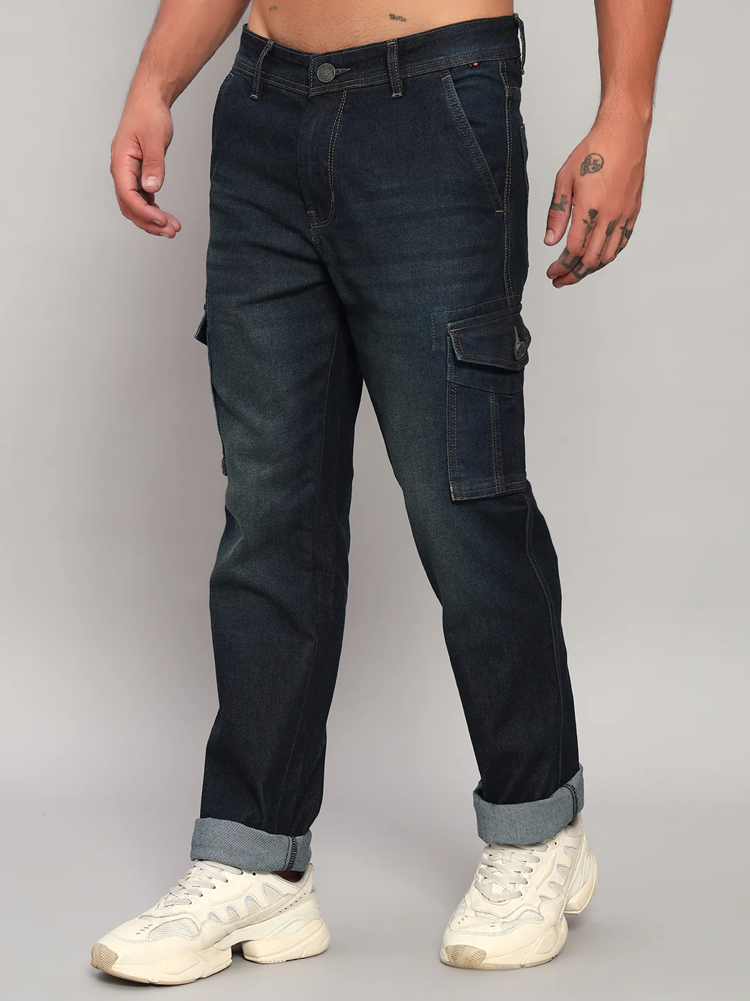 Men's Solid Blue Regular Fit Casual Denim Cargo - Image 3