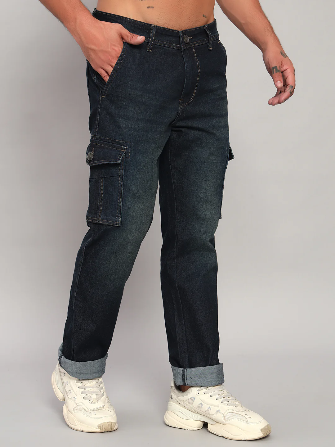Men's Solid Blue Regular Fit Casual Denim Cargo - Image 4