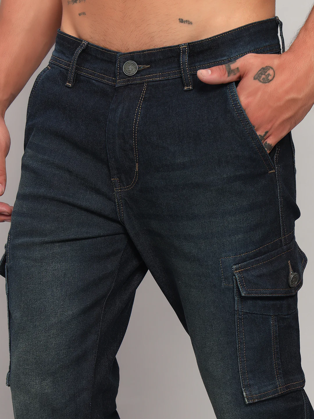 Men's Solid Blue Regular Fit Casual Denim Cargo - Image 5