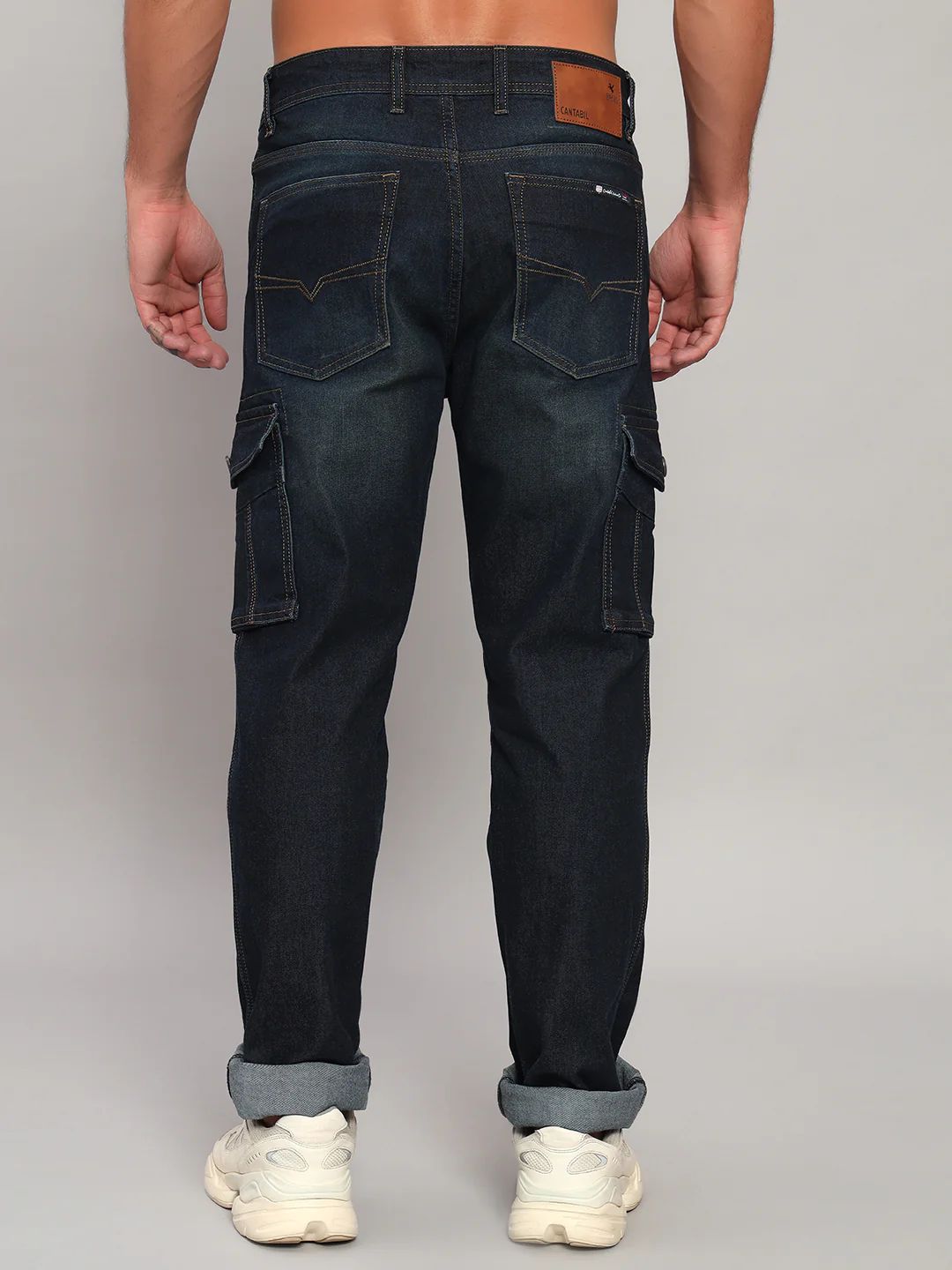 Men's Solid Blue Regular Fit Casual Denim Cargo - Image 6