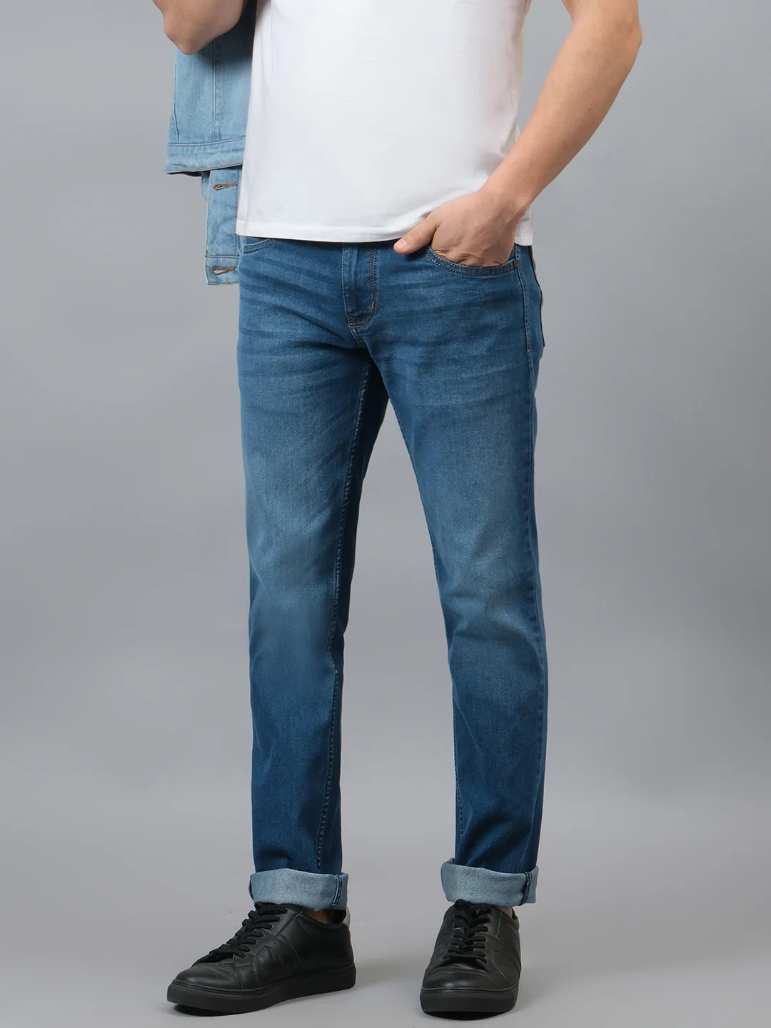 Denim Jeans for Men l Breathable & Soft with Color Fastness Ultra Narrow Fit Cotton Fabric Solid Pattern Button Closure - Image 2