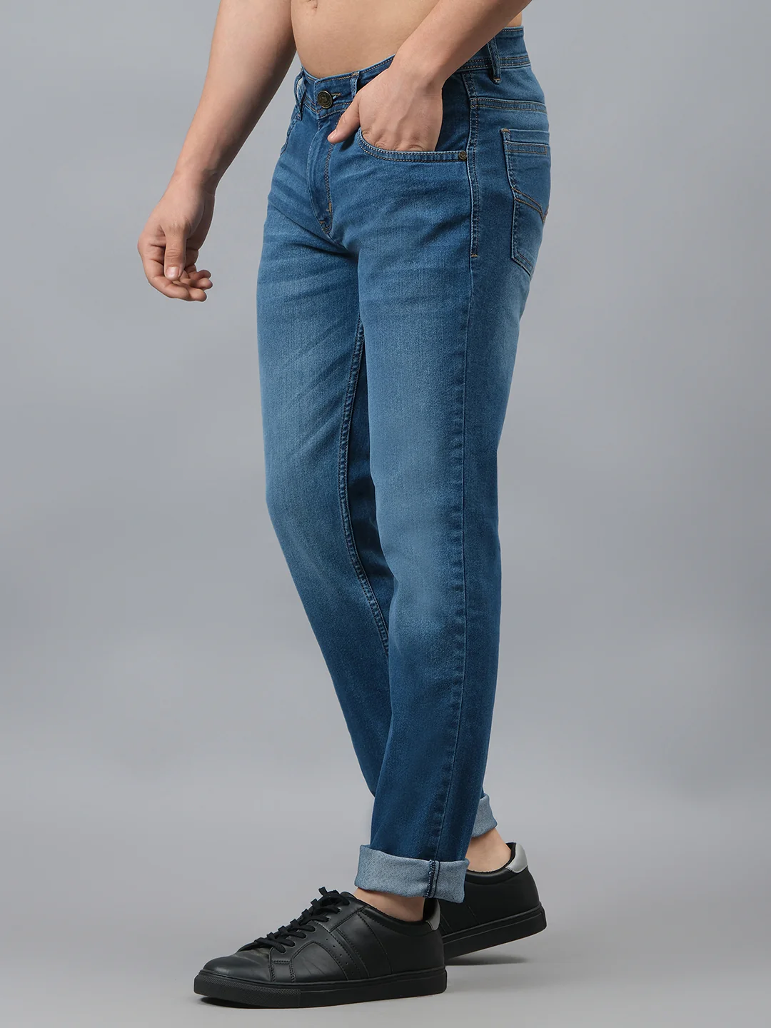 Denim Jeans for Men l Breathable & Soft with Color Fastness Ultra Narrow Fit Cotton Fabric Solid Pattern Button Closure - Image 4