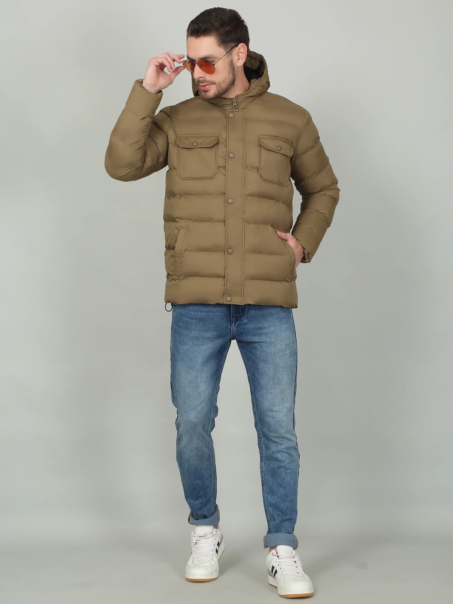 Men's Solid Brown Hooded Neck Jacket - Image 2