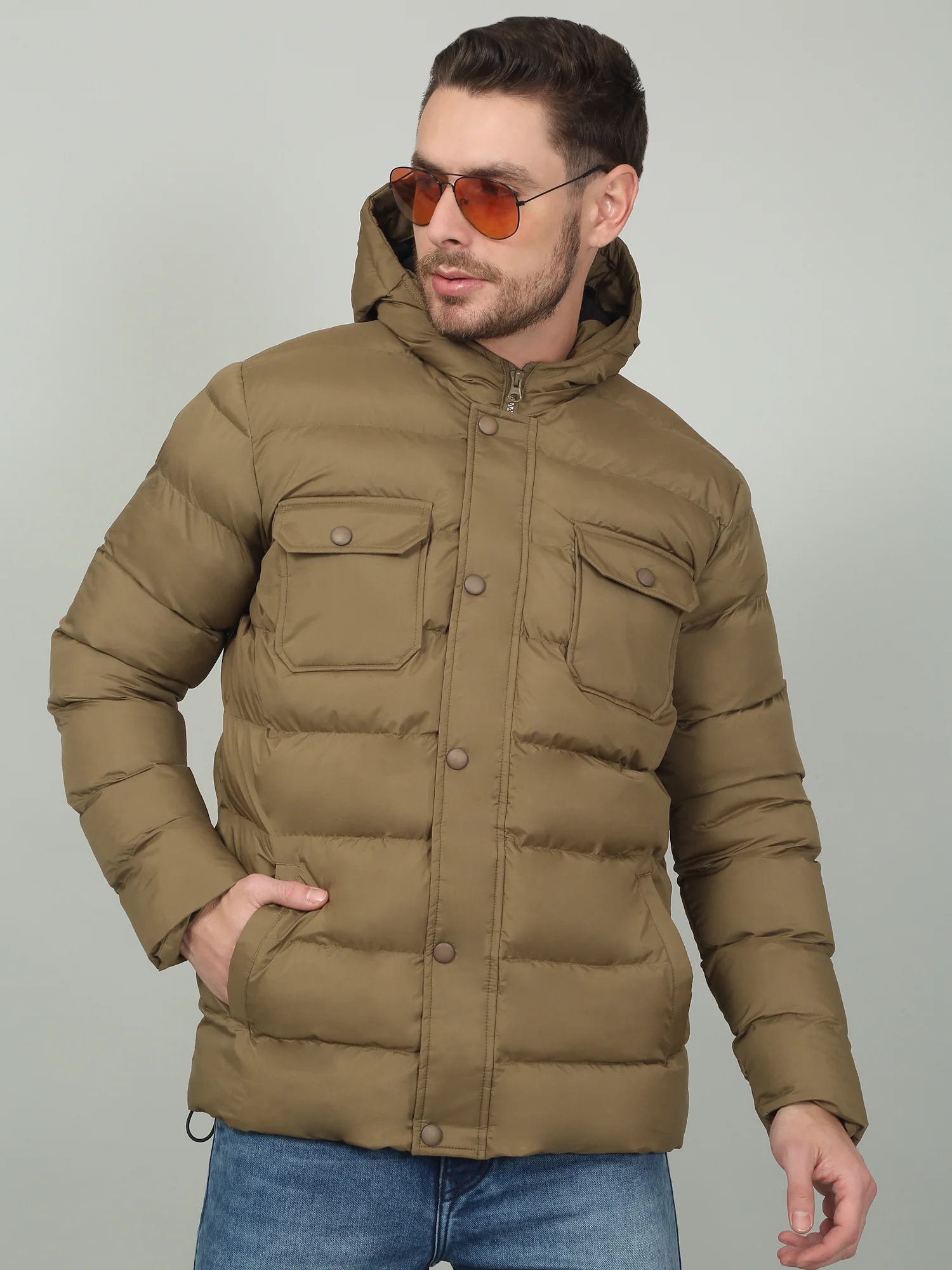 Men's Solid Brown Hooded Neck Jacket - Image 3