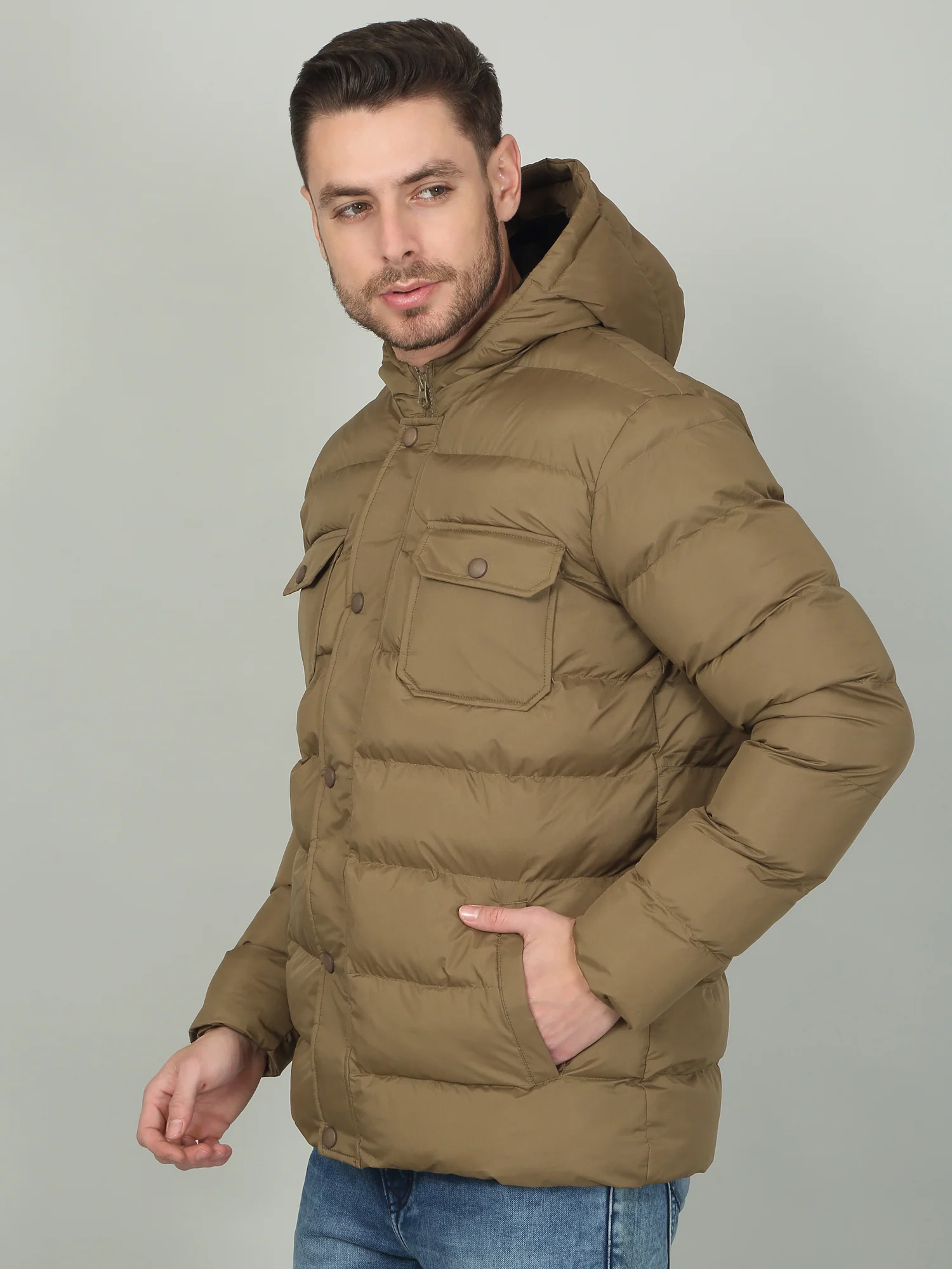 Men's Solid Brown Hooded Neck Jacket - Image 4