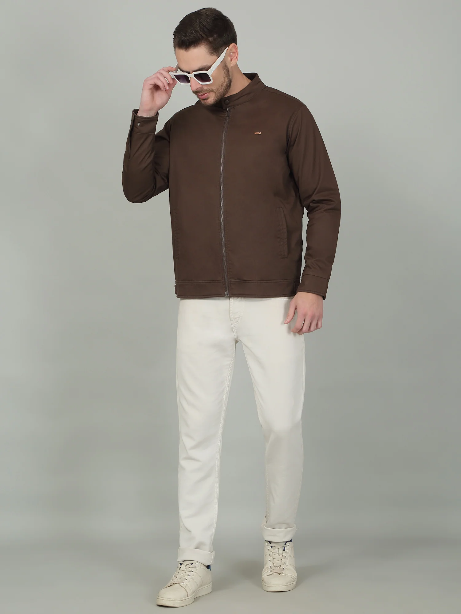 Men's Solid Brown Mock Neck Jacket - Image 2