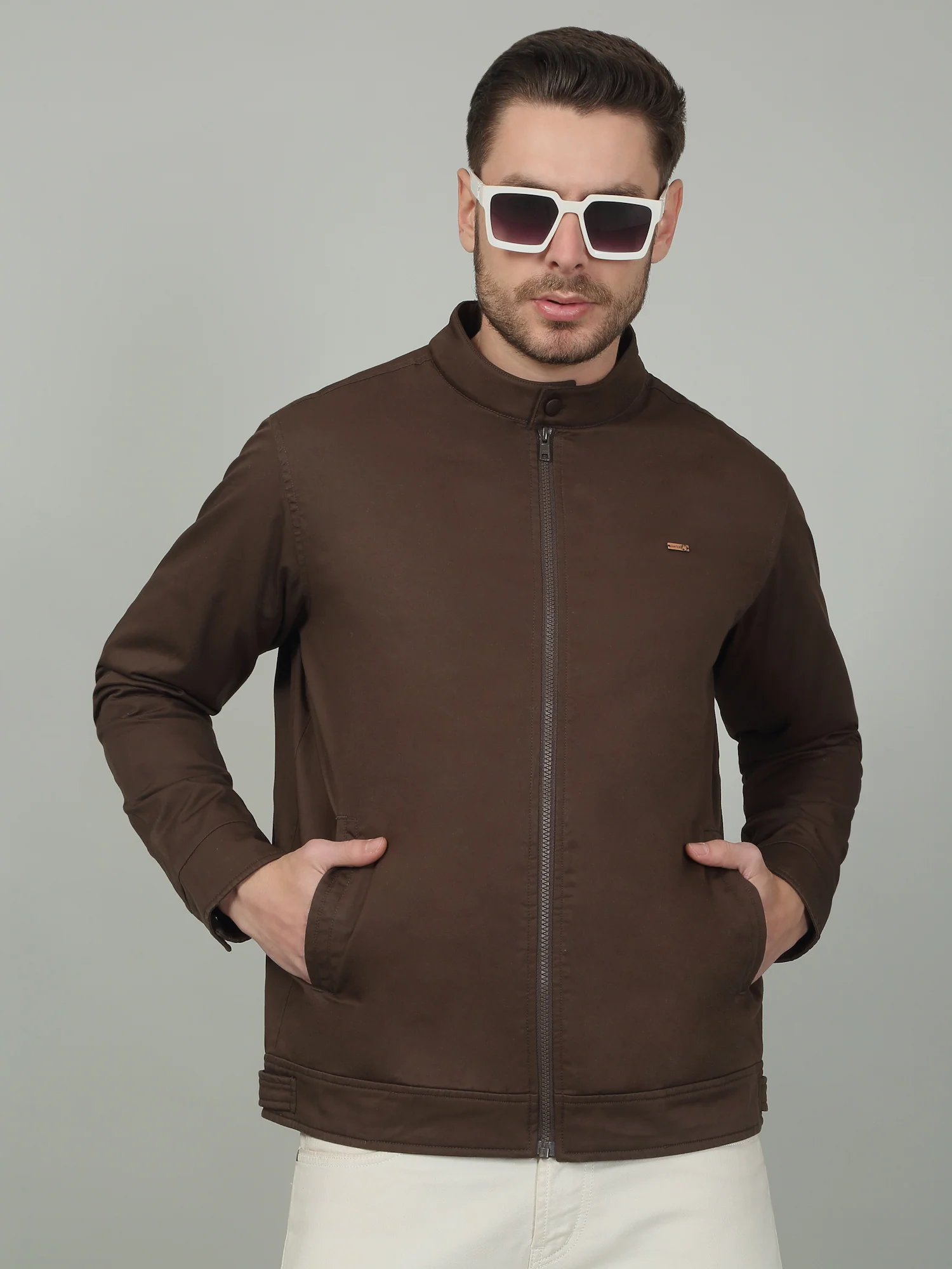 Men's Solid Brown Mock Neck Jacket - Image 3