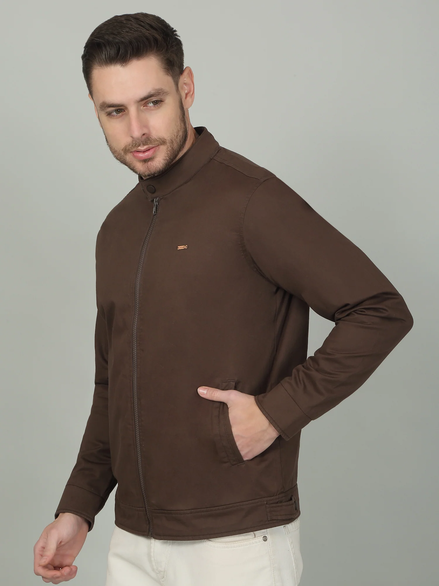 Men's Solid Brown Mock Neck Jacket - Image 4