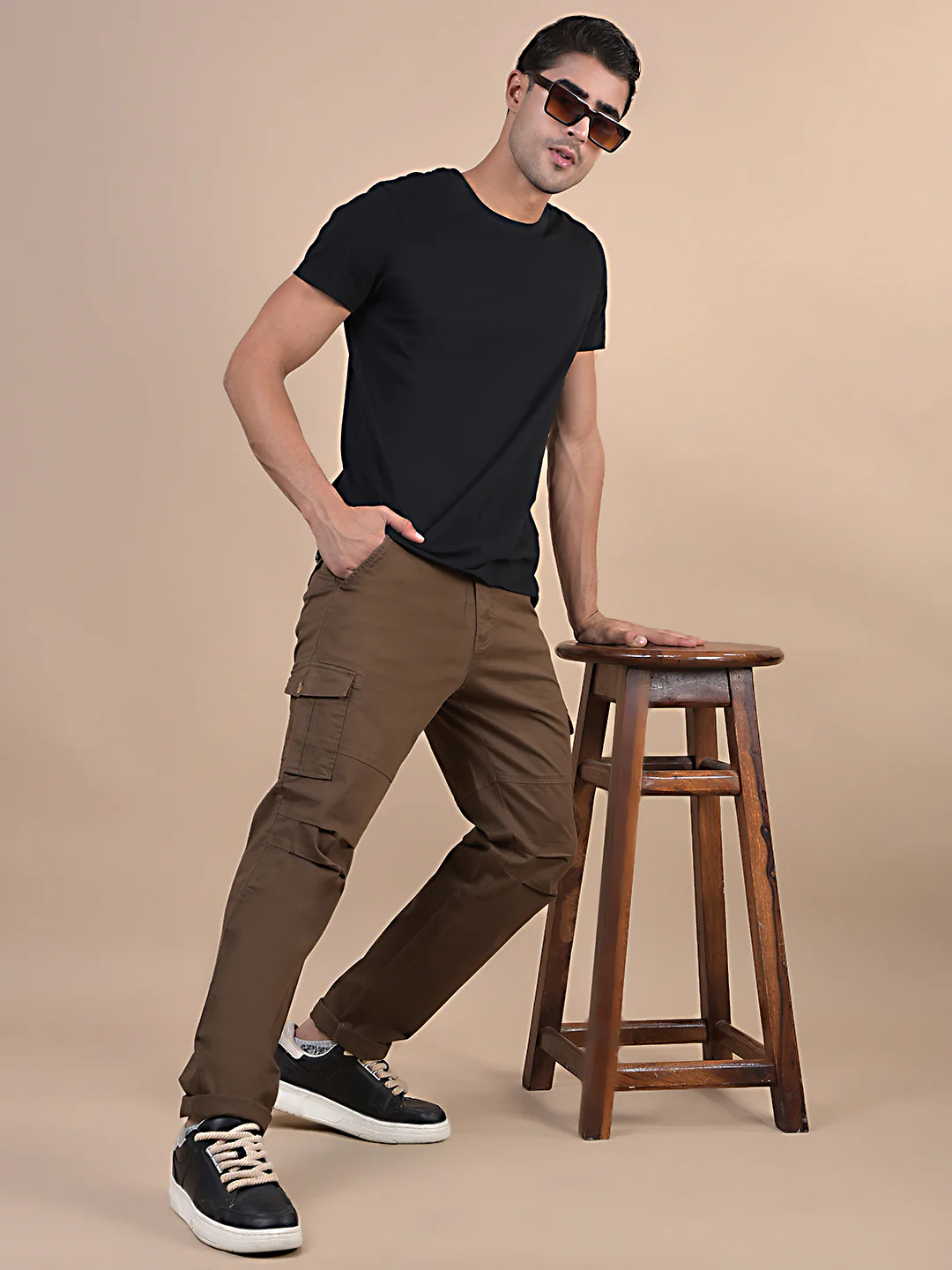 Men's Solid Brown Regular Fit Casual Cargo - Image 5